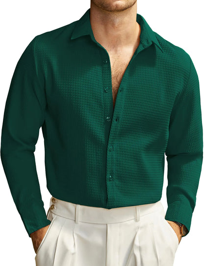 JOGAL Mens Dress Shirts Textured Waffle Shirt Long Sleeve Casual Button Down Shirts DeepGreen Medium